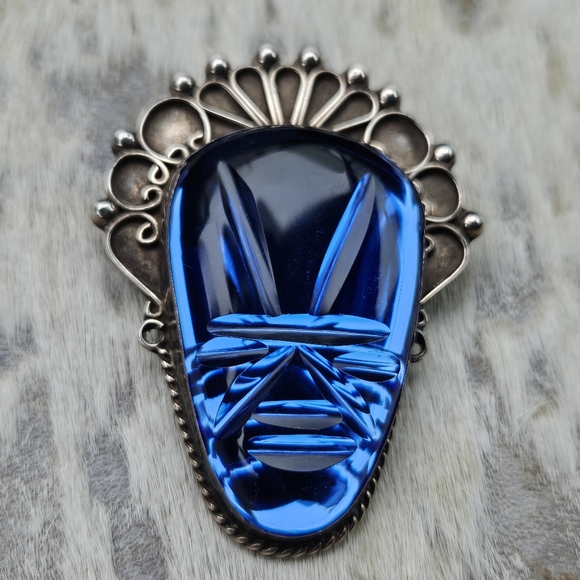 Mexico Blue Glass Face Mask Brooch Pendant 925 Stamped - Picture 2 of 7